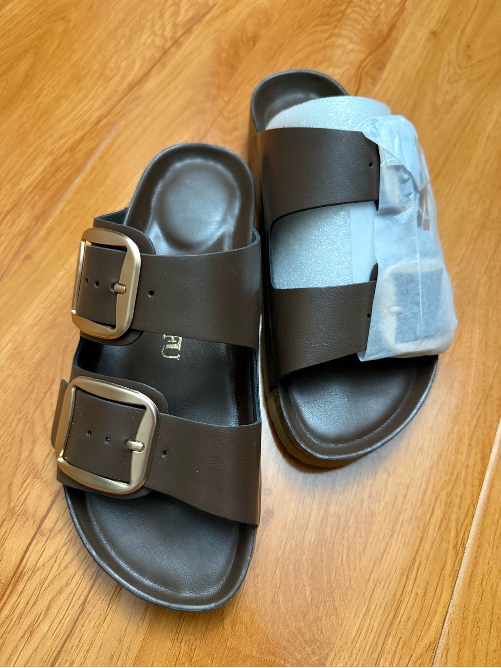 Double Buckle Slide Sandals in Cognac - 6